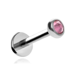 Tytanowy kolczyk labret z różowym kryształkiem premium - srebrny