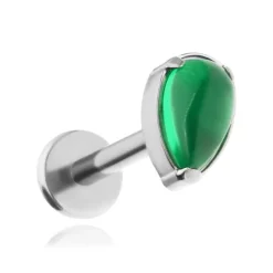 Tytanowy kolczyk labret z zielonym kamieniem Jadeit - srebrny