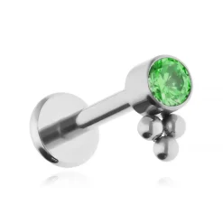 Tytanowy kolczyk labret z zieloną cyrkonią - srebrny