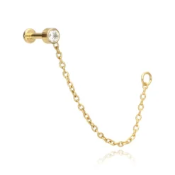 Tytanowy labret złoty z białą cyrkonią i łańcuszkiem - push in - TPI-007